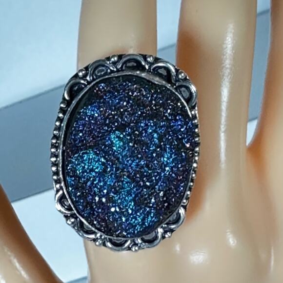 Hand Crafted Jewelry - Bright blue titanium druzy stamped silver plated gemstone ring size 9
